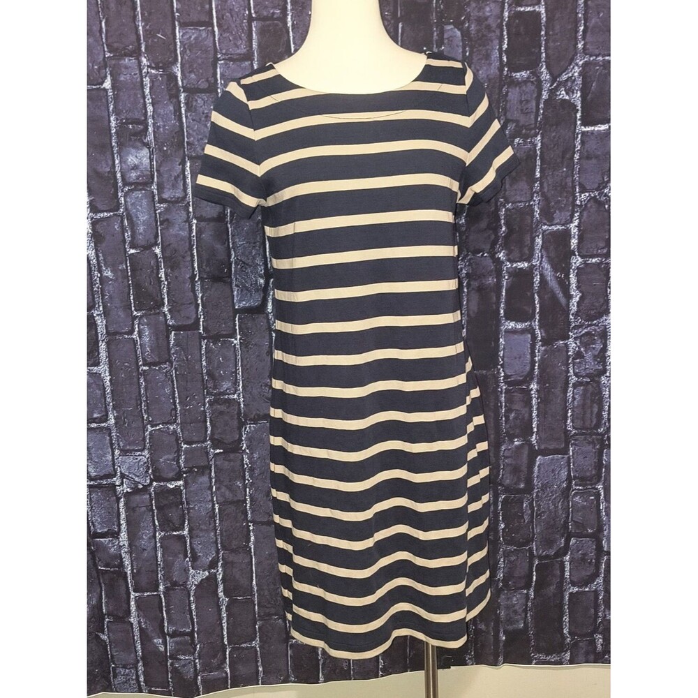 Talbots Petites Striped Boat Neck Shift Dress Women's Lp Navy Blue Short Sleeve